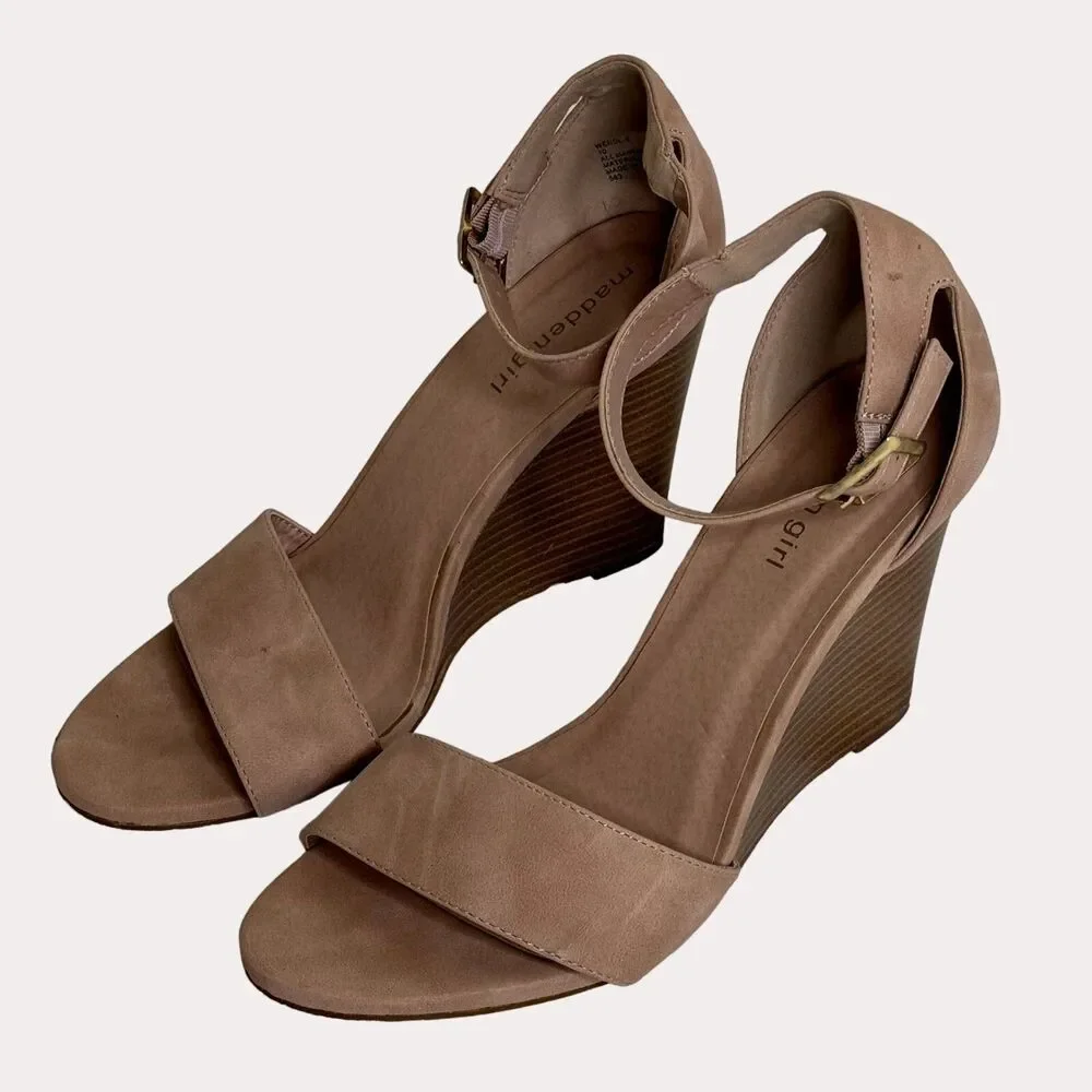 Madden Girl Faux Leather Wedge Heel Sandals Shoes Tan 10
